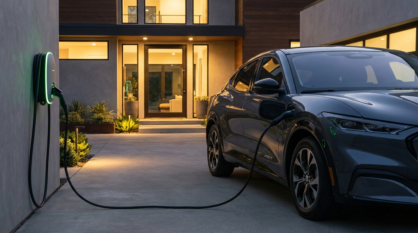 EV charging at home in a residential driveway